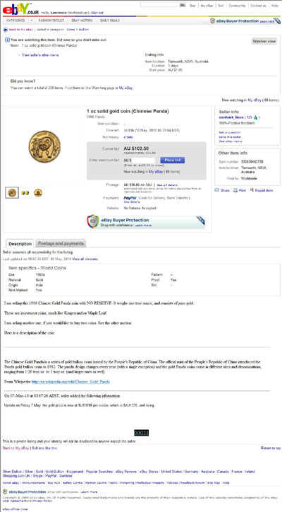 aardvark_linux eBay Listing Using our 1986 Chinese Gold Panda Obverse & Reverse Photographs